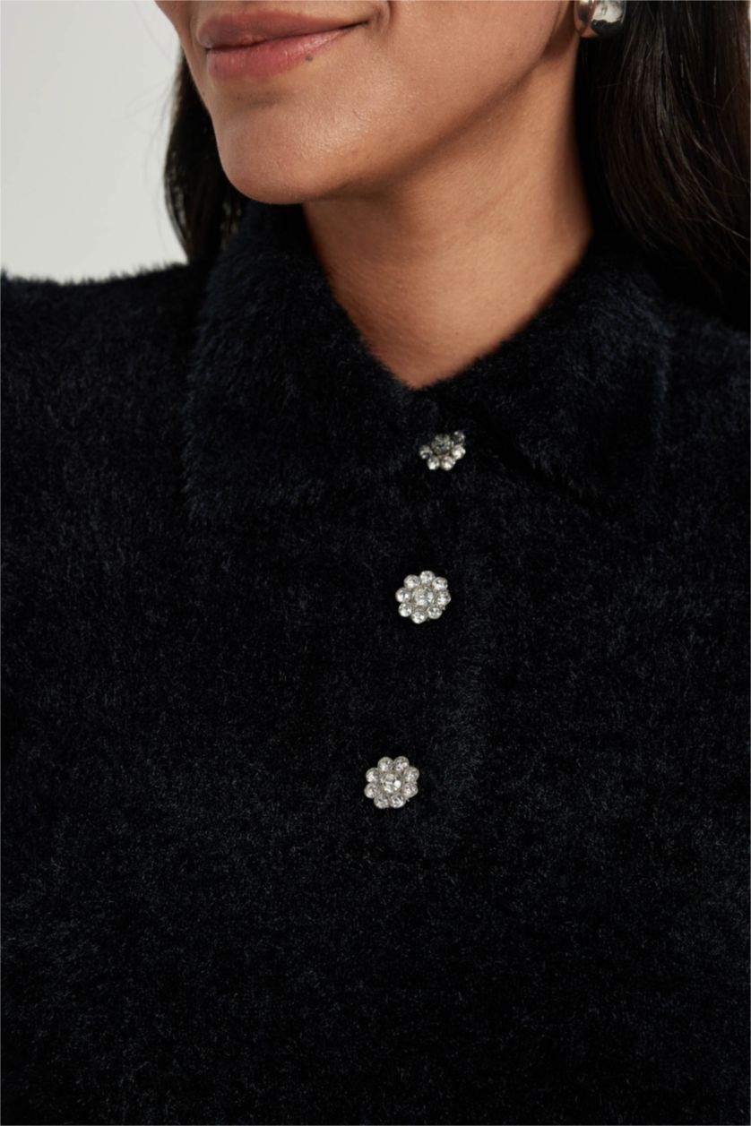 Женщины Черный Свитер свободного кроя с воротником-поло