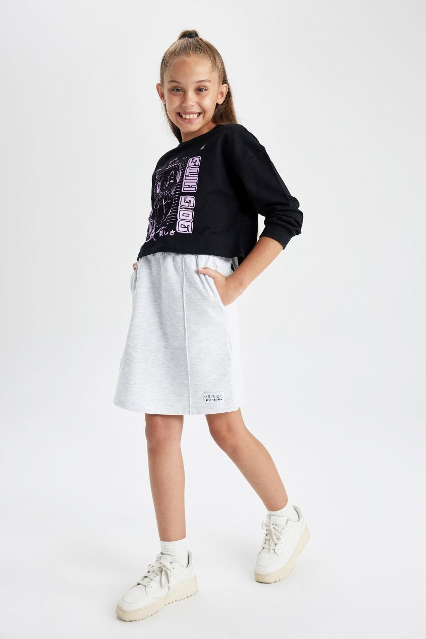 GIRLS & TEENS Grey Melange Girl Thin Sweatshirt Fabric A Cut Knitted Skirt