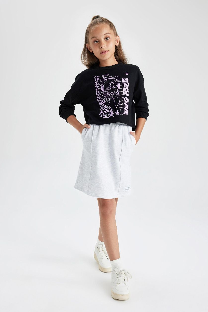 GIRLS & TEENS Grey Melange Girl Thin Sweatshirt Fabric A Cut Knitted Skirt