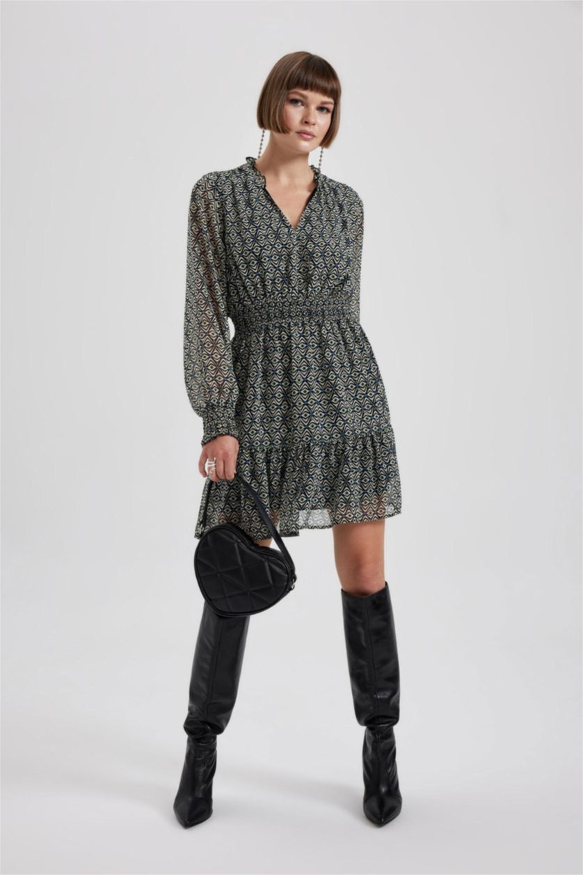 حريمي أسود فستان قصير شيفون كم طويل بياقة قميص