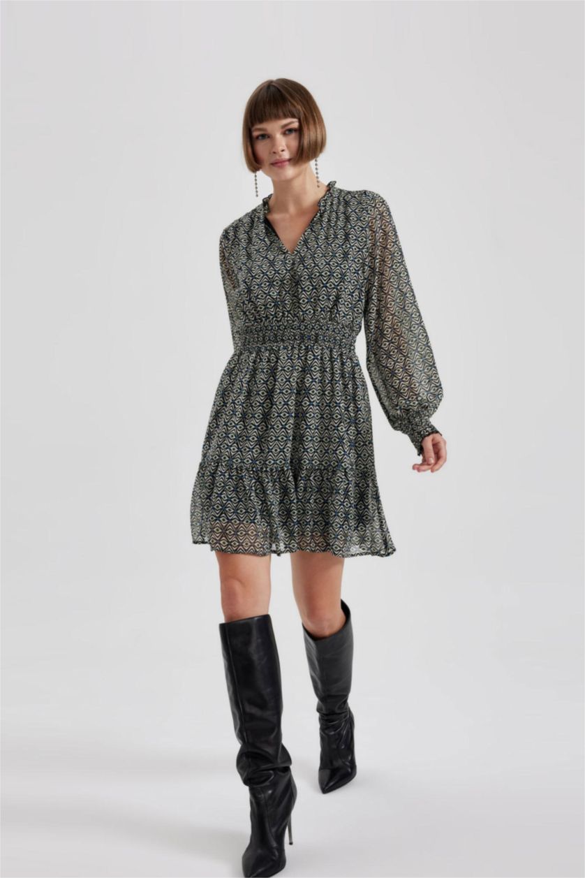 حريمي أسود فستان قصير شيفون كم طويل بياقة قميص