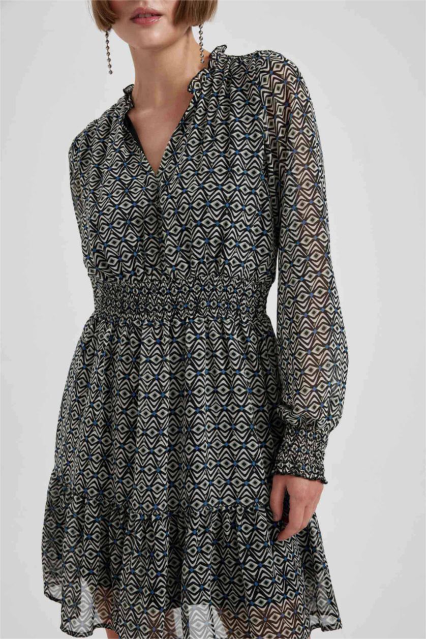 حريمي أسود فستان قصير شيفون كم طويل بياقة قميص