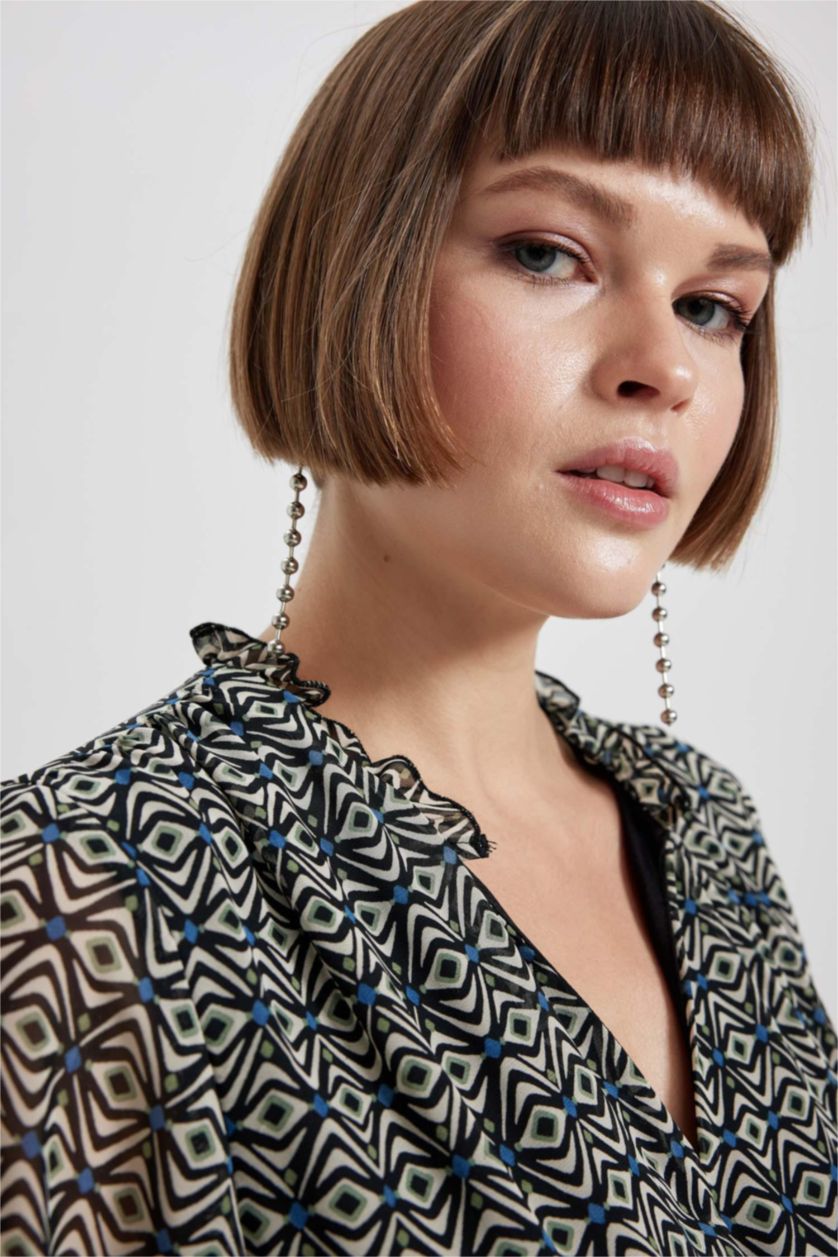 حريمي أسود فستان قصير شيفون كم طويل بياقة قميص