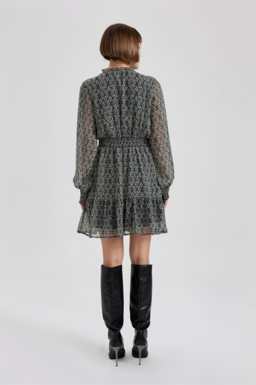 حريمي أسود فستان قصير شيفون كم طويل بياقة قميص