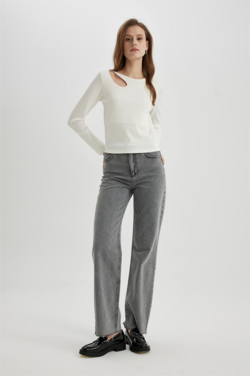 نساء بيج فاتح تي شيرت كم طويل مضلع سليم فيت برقبة مستديرة