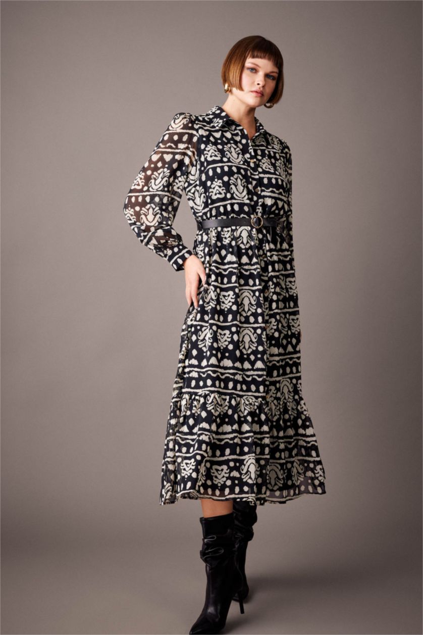 حريمي أسود فستان ميدي شيفون كم طويل بياقة قميص