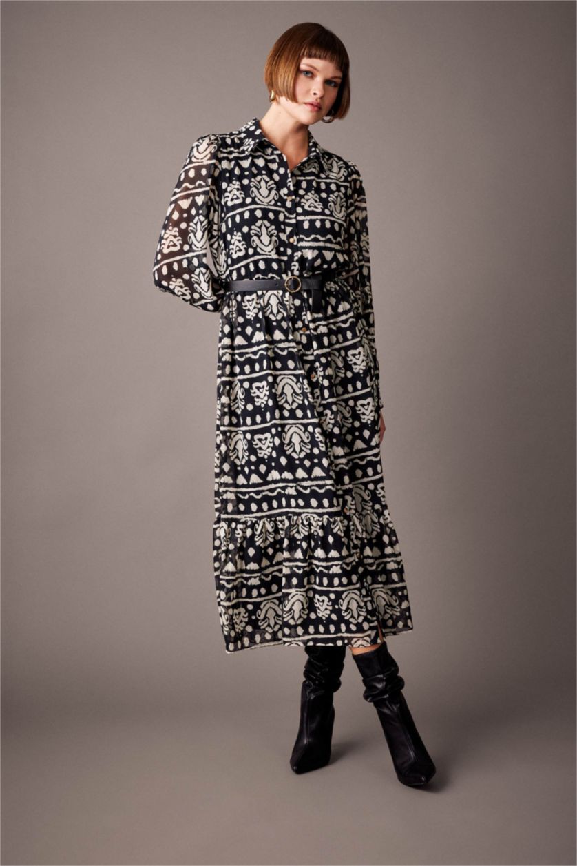 حريمي أسود فستان ميدي شيفون كم طويل بياقة قميص