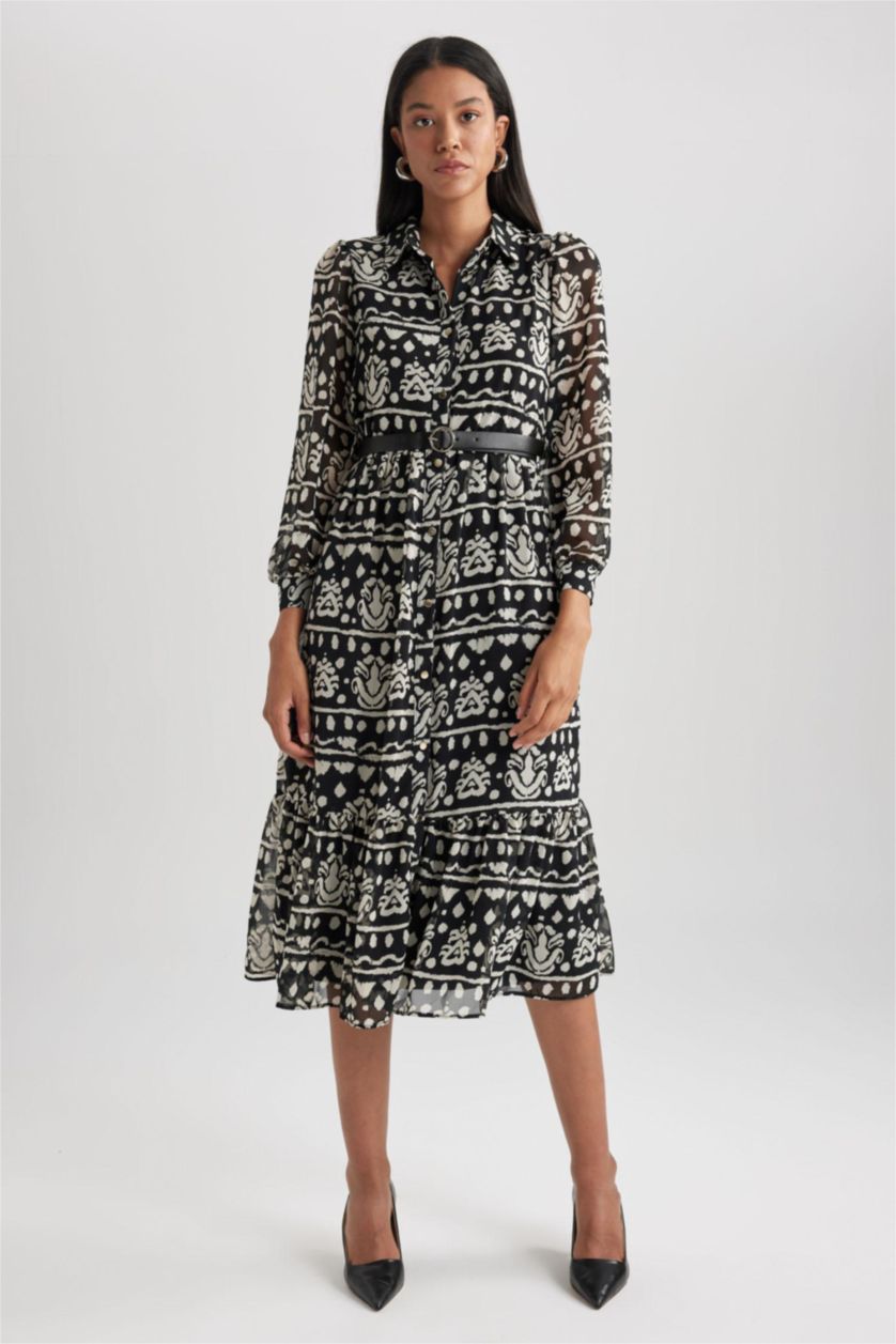 حريمي أسود فستان ميدي شيفون كم طويل بياقة قميص