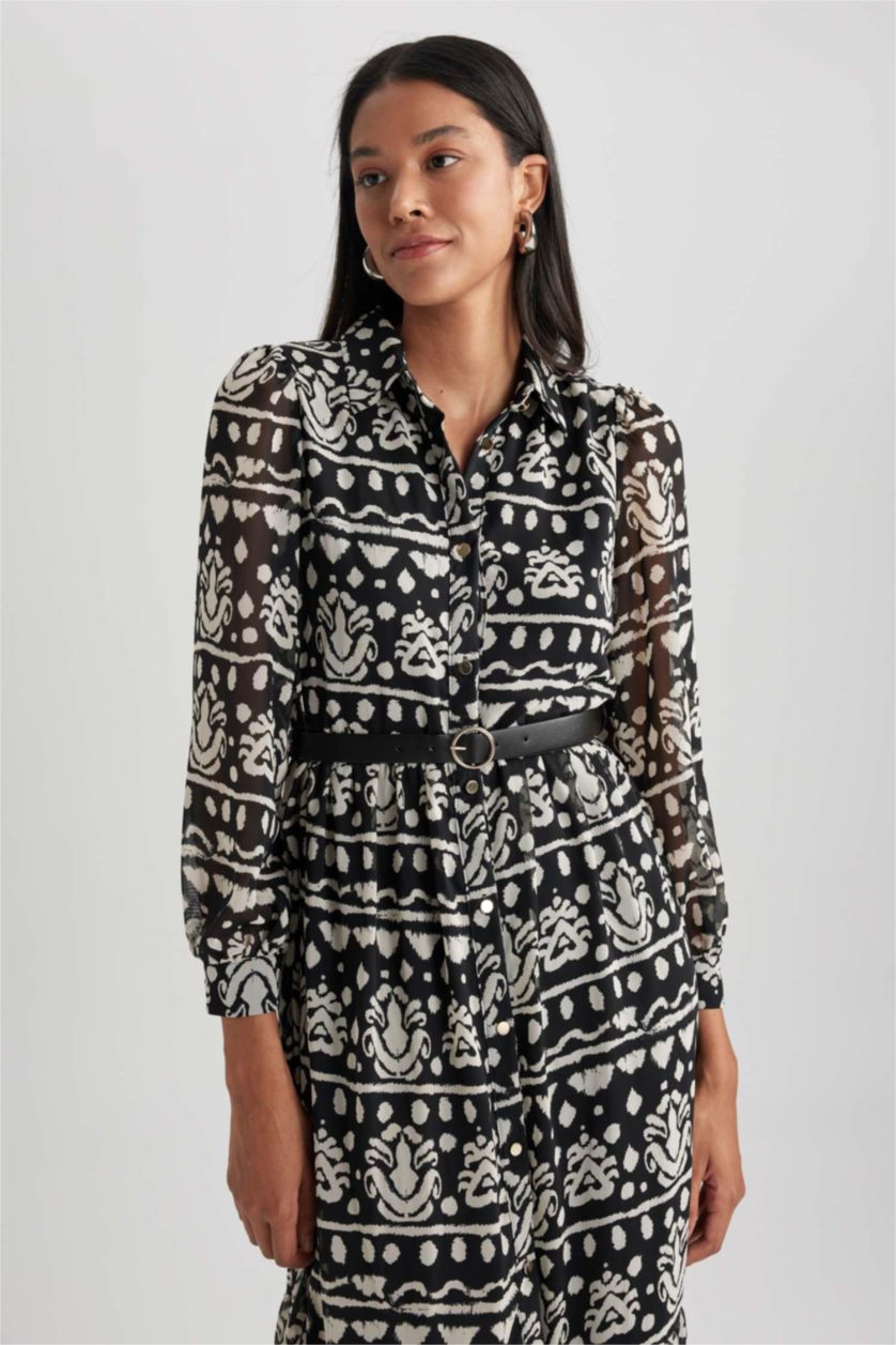 حريمي أسود فستان ميدي شيفون كم طويل بياقة قميص