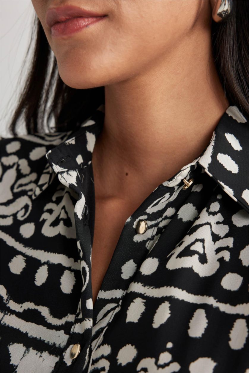 حريمي أسود فستان ميدي شيفون كم طويل بياقة قميص