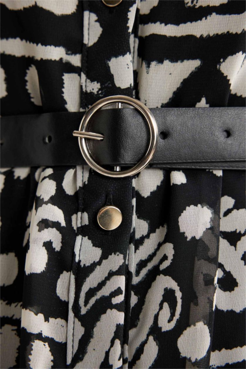 حريمي أسود فستان ميدي شيفون كم طويل بياقة قميص