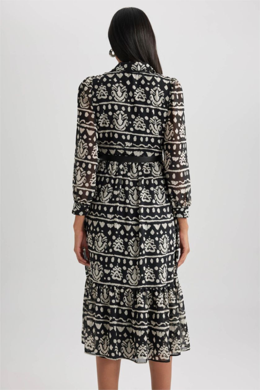 حريمي أسود فستان ميدي شيفون كم طويل بياقة قميص