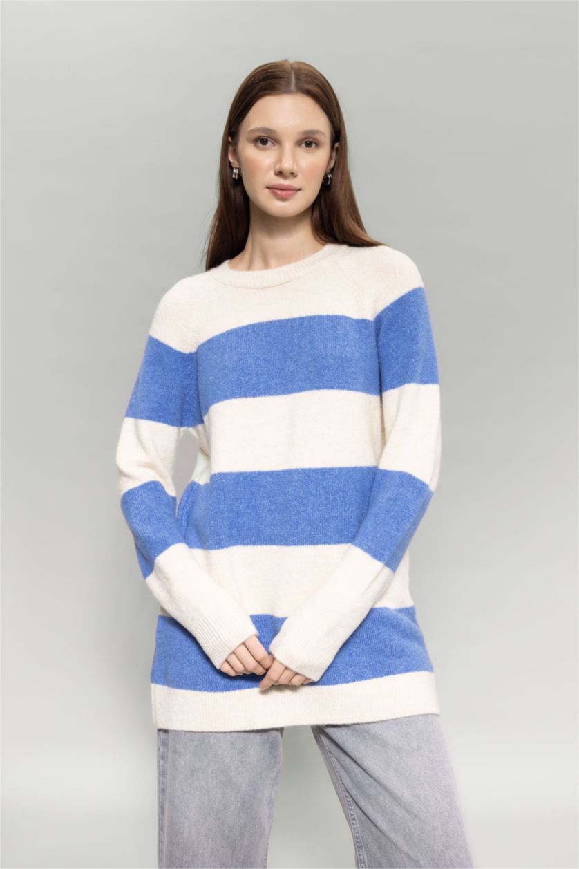 FEMME Bleu Tunique Coupe Régulière Étape Col Ras Du Cou