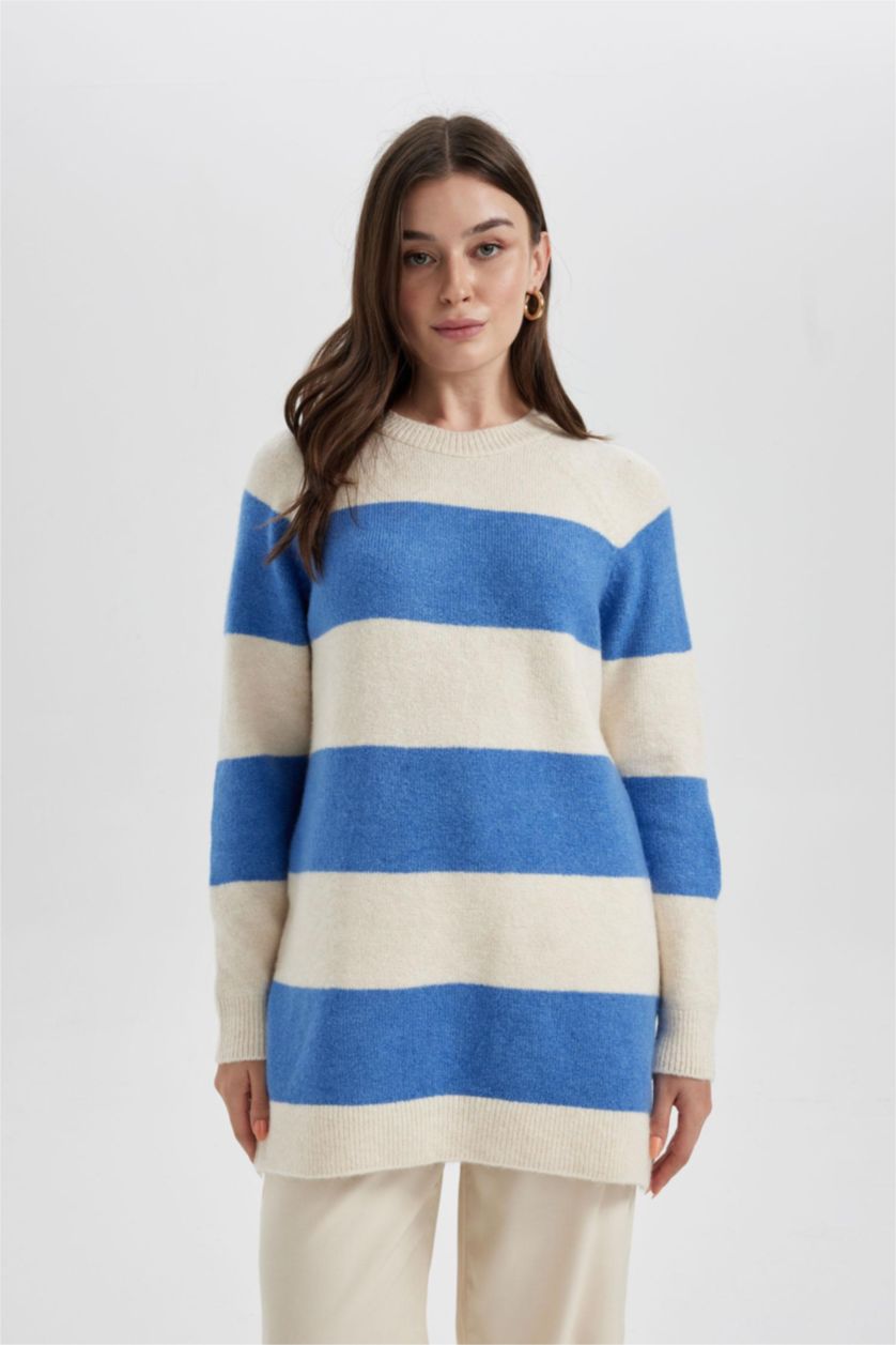 FEMME Bleu Tunique Coupe Régulière Étape Col Ras Du Cou