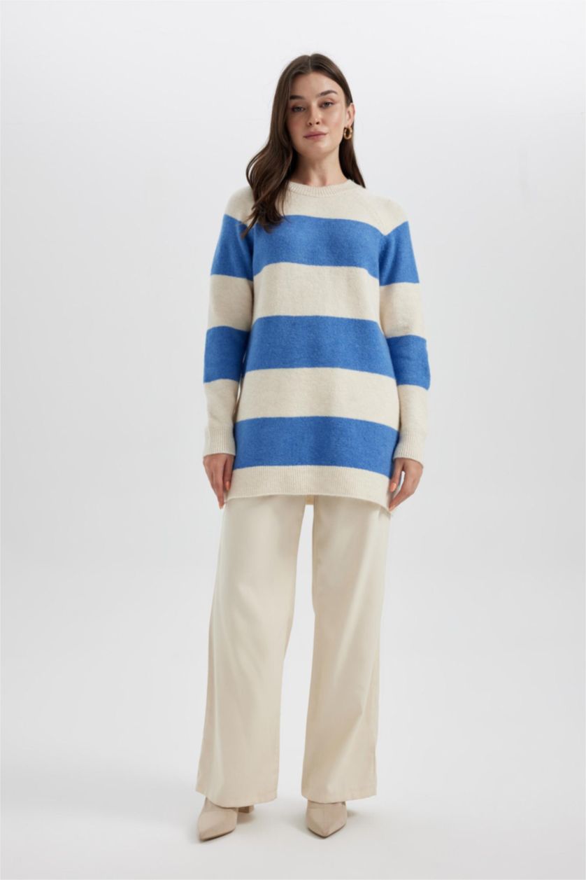 FEMME Bleu Tunique Coupe Régulière Étape Col Ras Du Cou