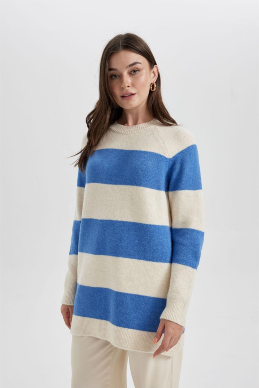 FEMME Bleu Tunique Coupe Régulière Étape Col Ras Du Cou