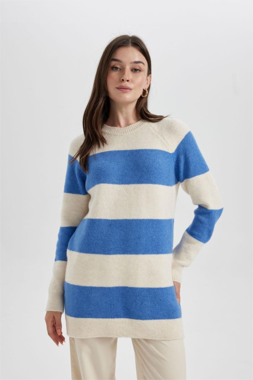 FEMME Bleu Tunique Coupe Régulière Étape Col Ras Du Cou