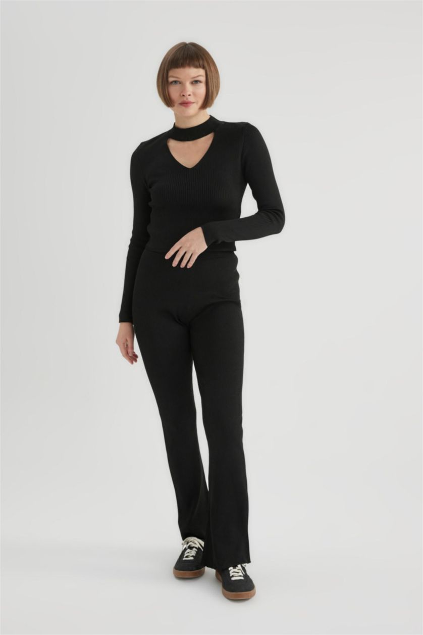 Kadın Siyah Ribana Pantolon Flayer İspanyol Paça Yüksek Bel