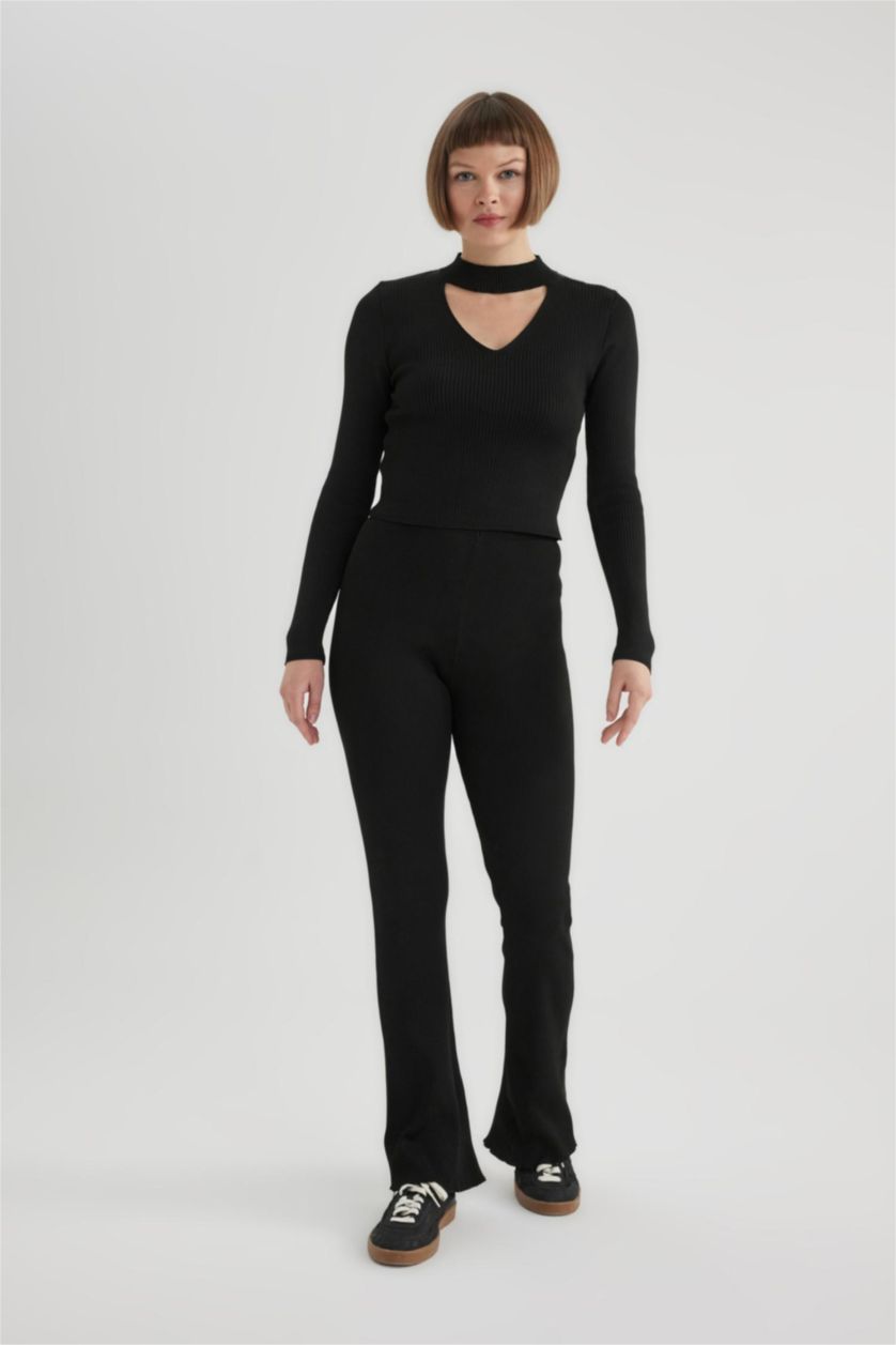 Kadın Siyah Ribana Pantolon Flayer İspanyol Paça Yüksek Bel