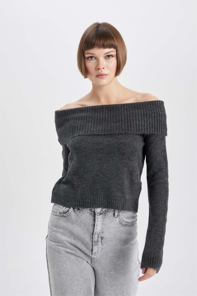 Anthracite WOMAN Fitted Off Shoulder Knit Pullover 2993354 | DeFacto