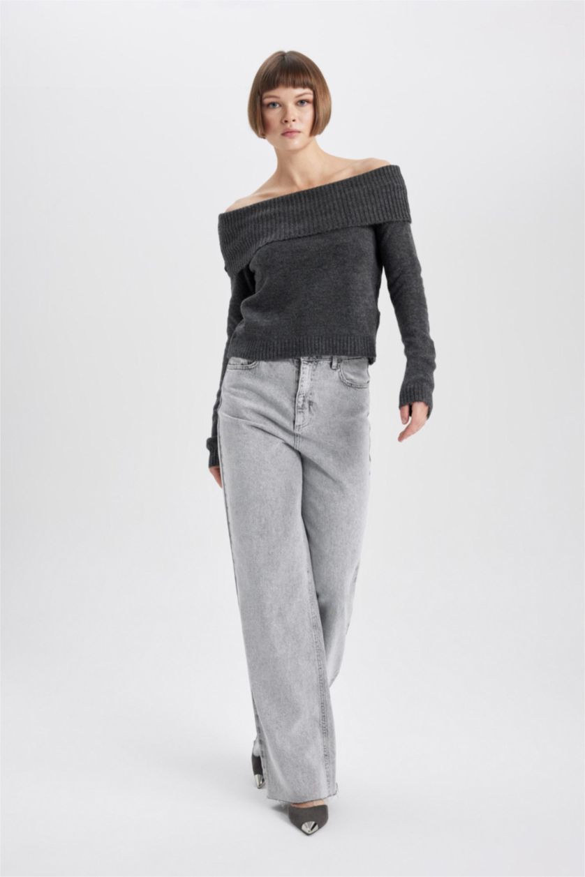 WOMAN Anthracite Fitted Off Shoulder Knit Pullover
