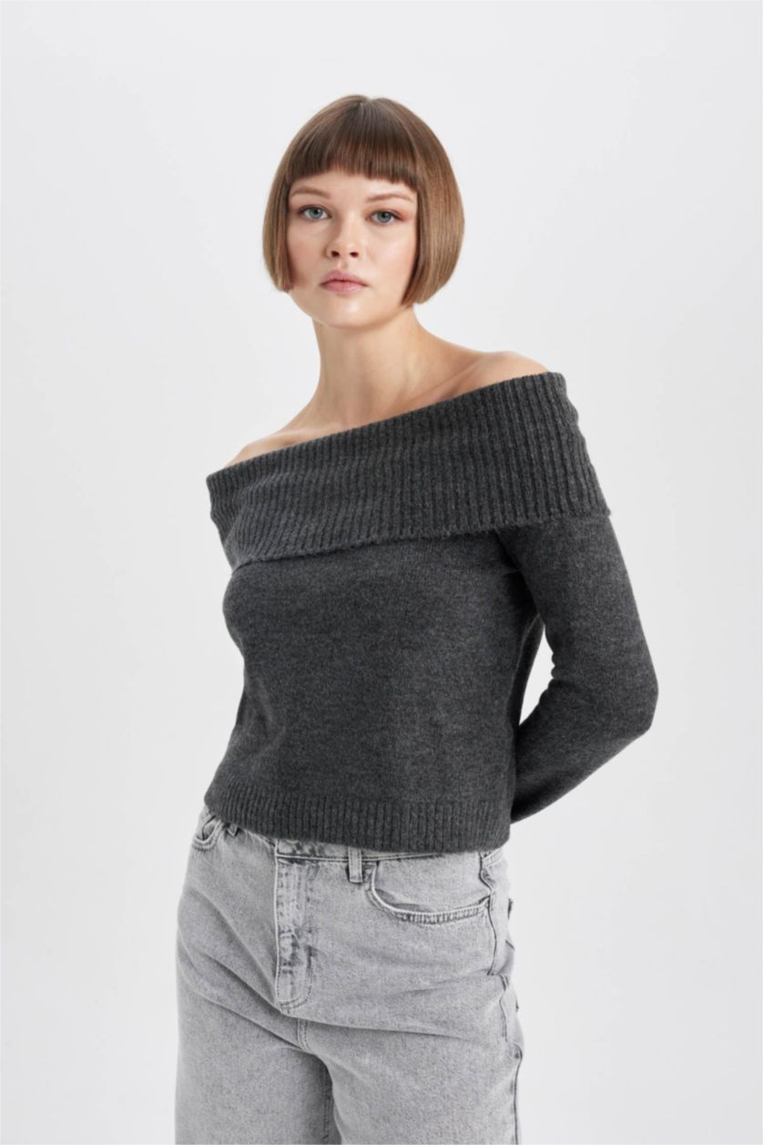 WOMAN Anthracite Fitted Off Shoulder Knit Pullover