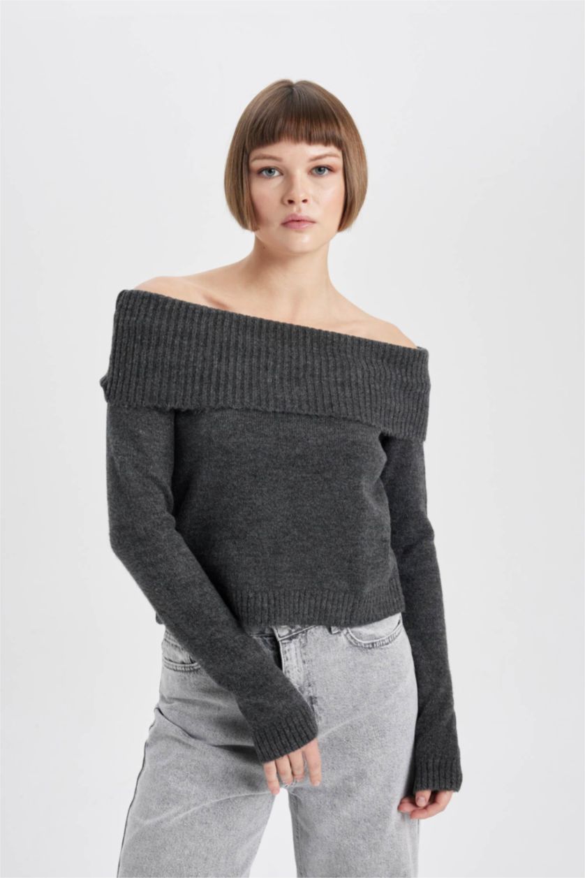 WOMAN Anthracite Fitted Off Shoulder Knit Pullover