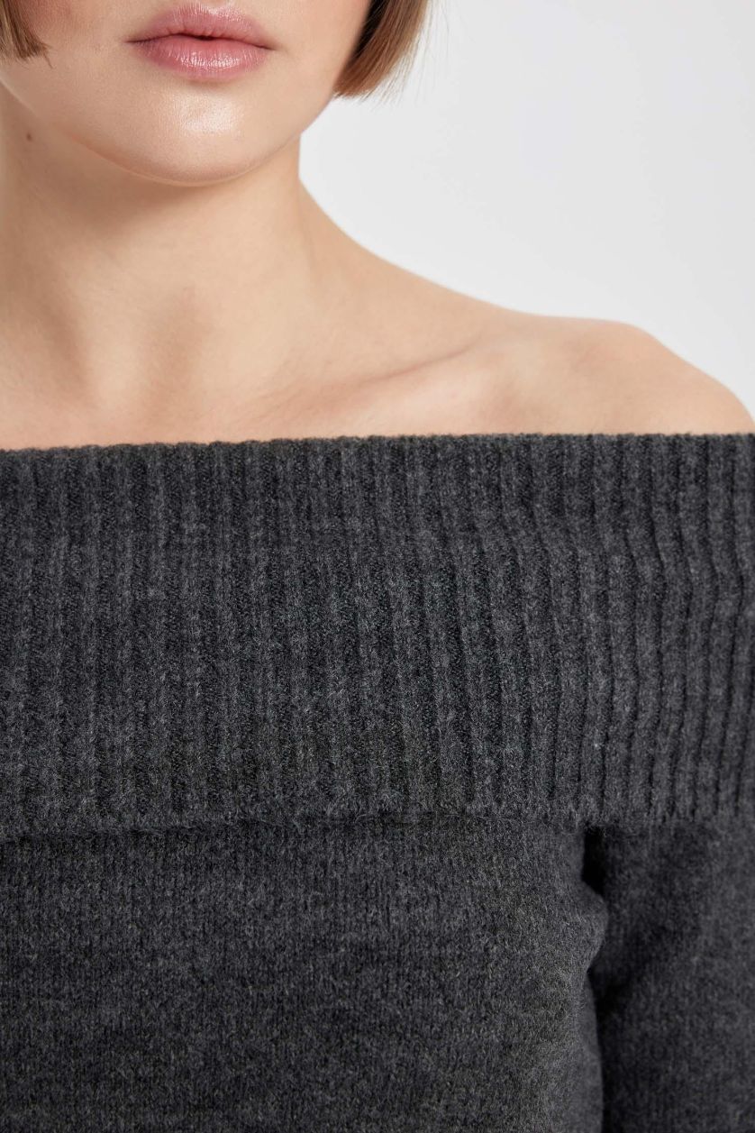 WOMAN Anthracite Fitted Off Shoulder Knit Pullover