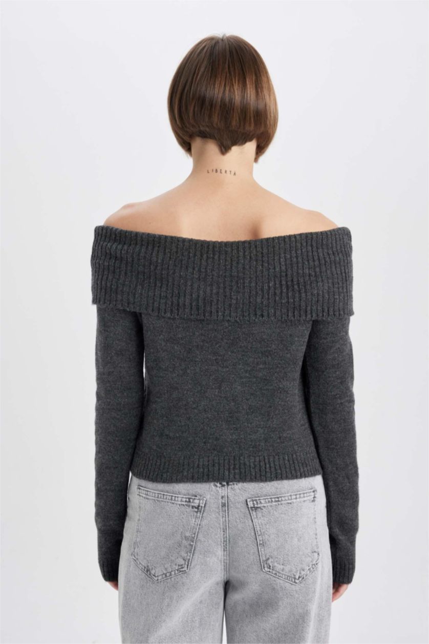 WOMAN Anthracite Fitted Off Shoulder Knit Pullover
