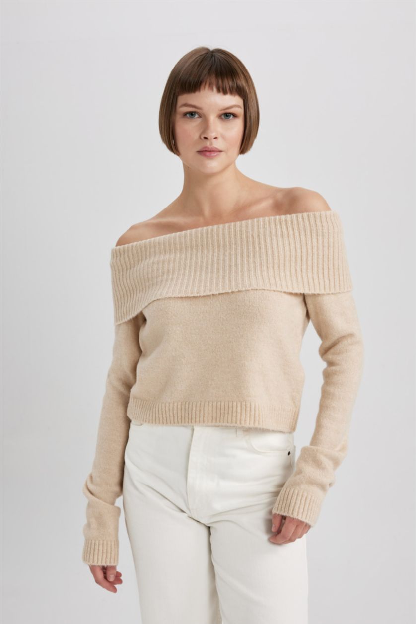 Kadın Bej Fitted Açık Omuz Triko Kazak