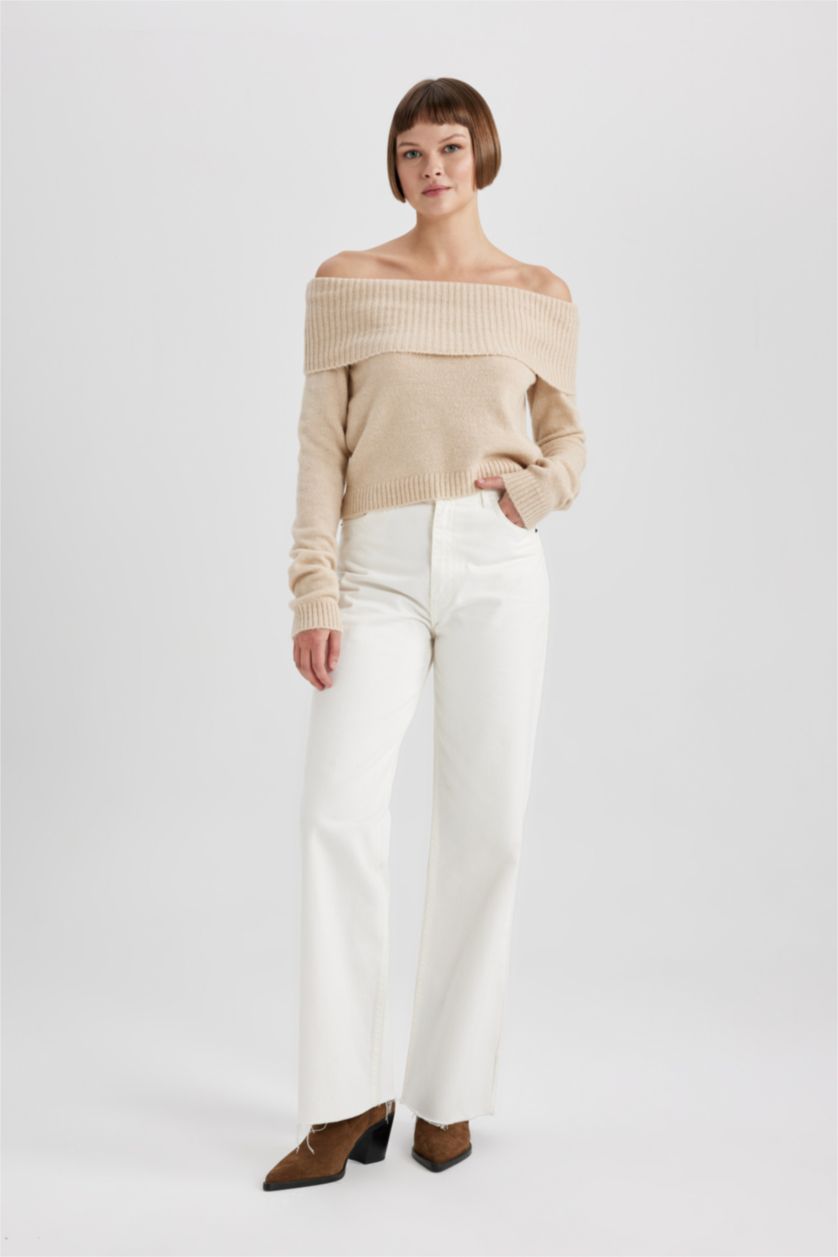 Kadın Bej Fitted Açık Omuz Triko Kazak