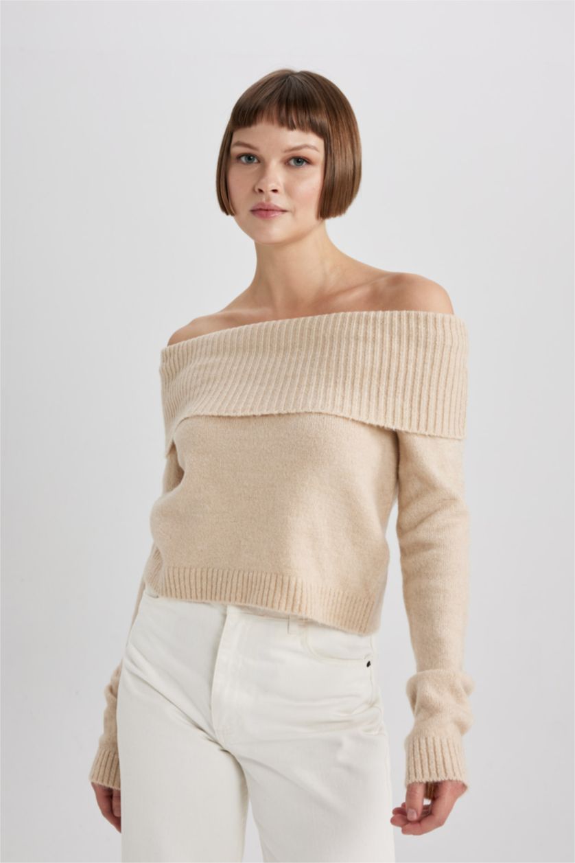 Kadın Bej Fitted Açık Omuz Triko Kazak