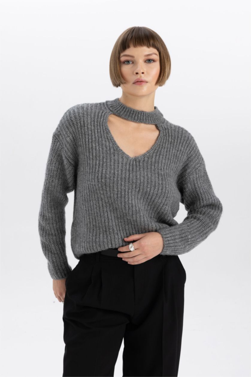 FEMME Anthracite Pull Coupe décontractée à Col Choker