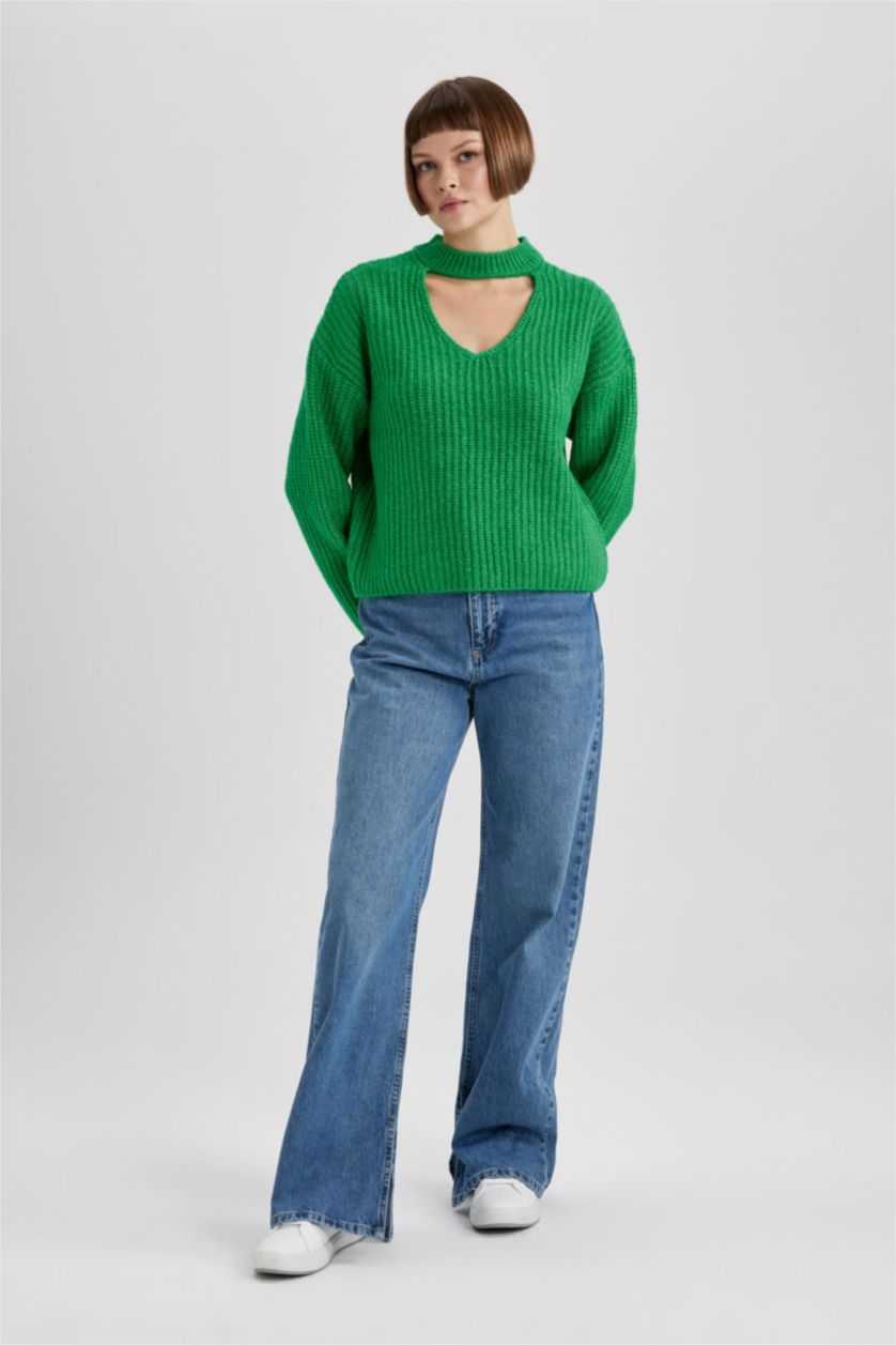 Женская Зеленый Свитер свободного кроя вязанный