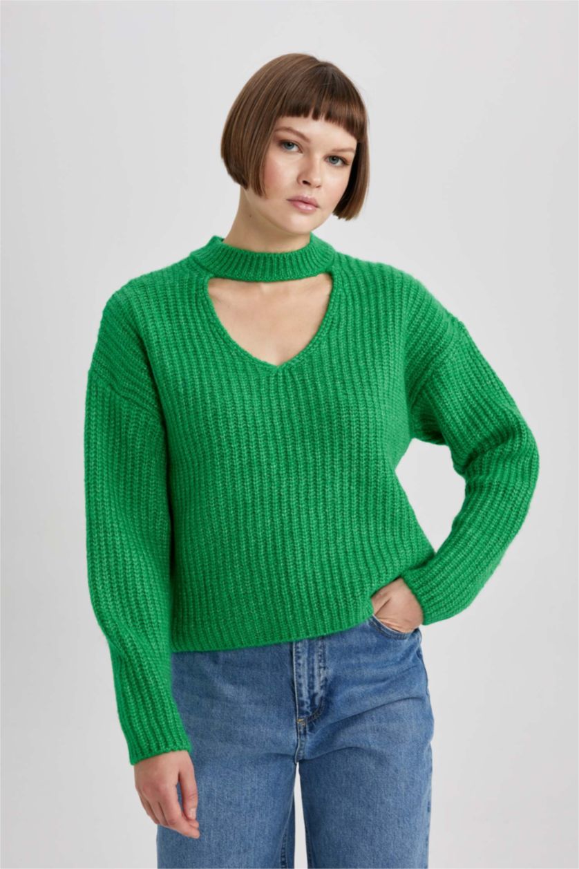 Женская Зеленый Свитер свободного кроя вязанный
