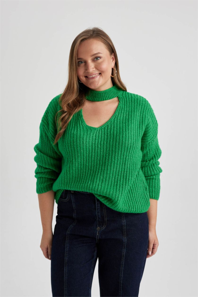 Женская Зеленый Свитер свободного кроя вязанный