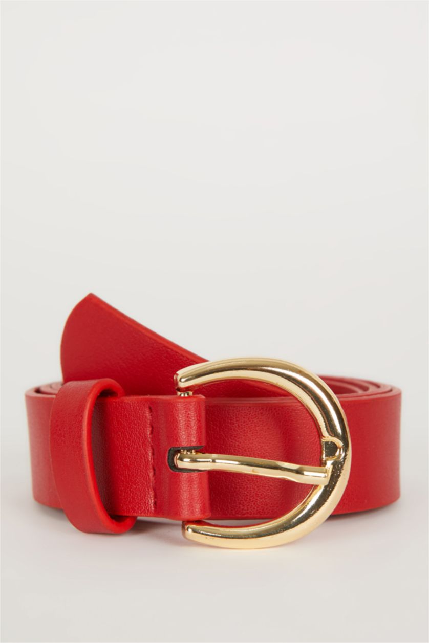 Kadın Kırmızı Kadın Oval Toka Suni Deri Jean Kemeri