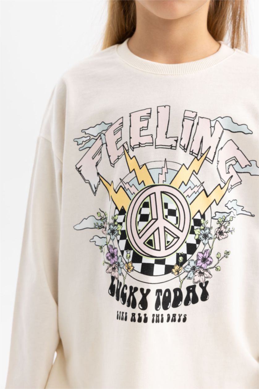 FILLES Écru T-shirt Coupe Oversize Col Rond à Manches Longues Pour Fille