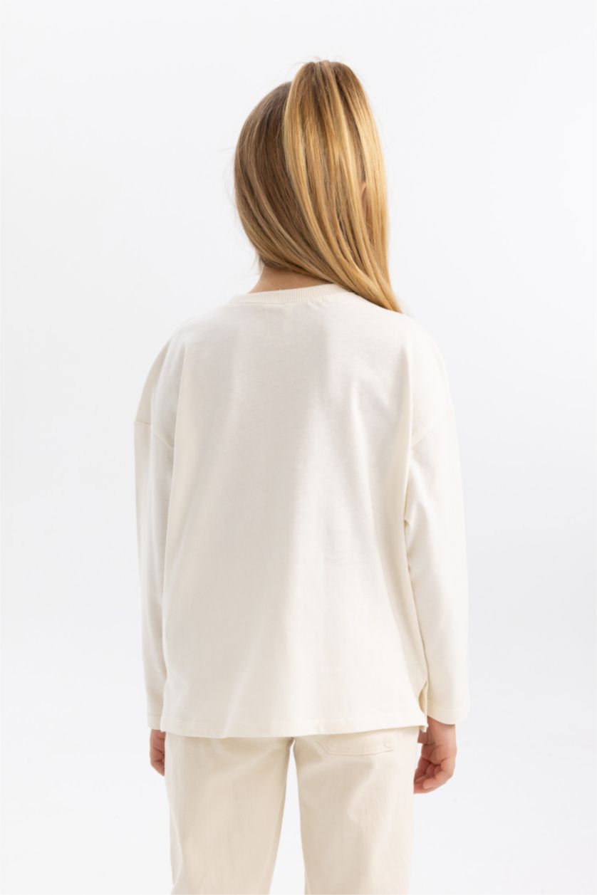 FILLES Écru T-shirt Coupe Oversize Col Rond à Manches Longues Pour Fille