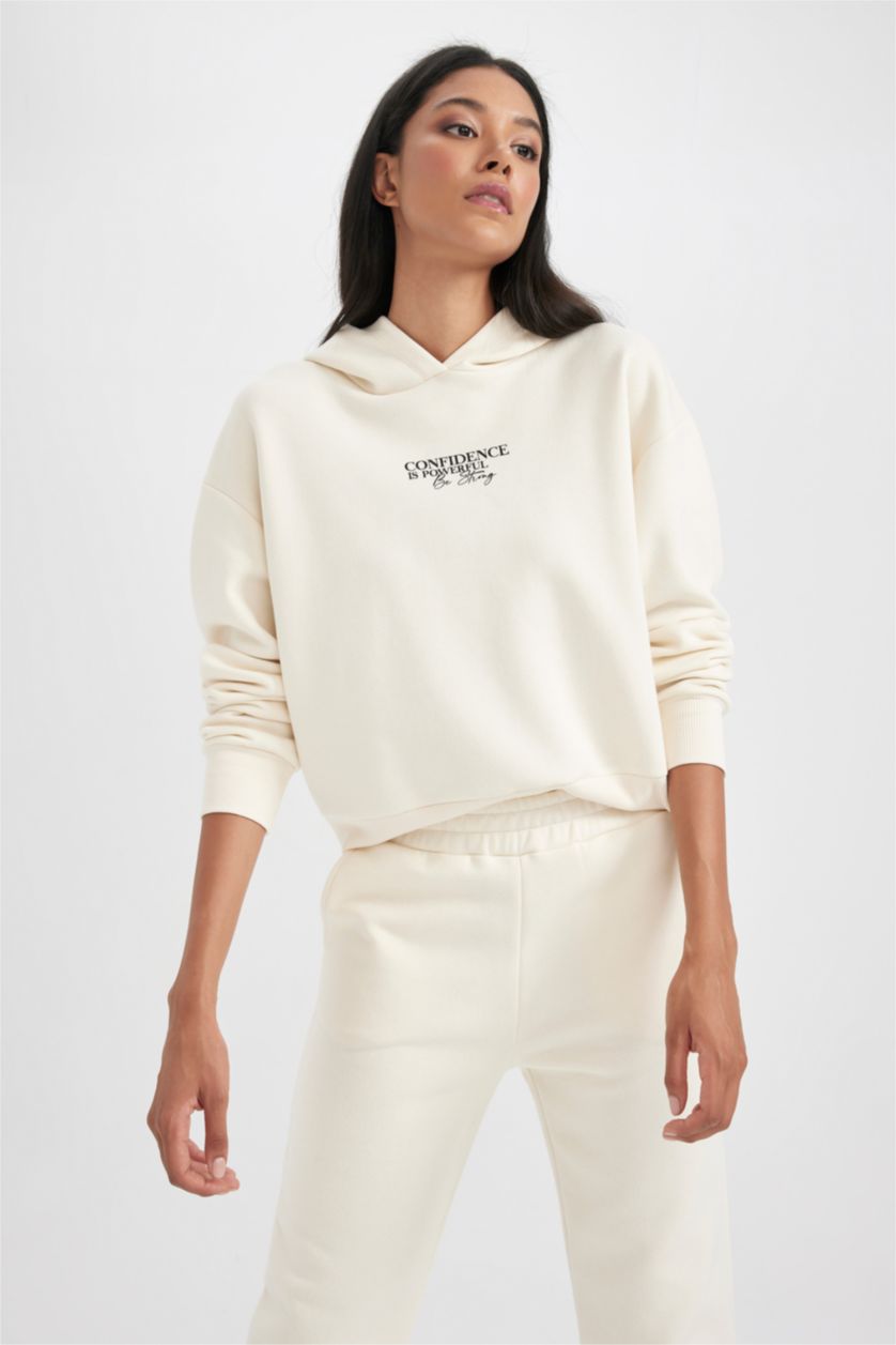 Kadın Kum Relax Fit Kapüşonlu Baskılı Kalın Sweatshirt