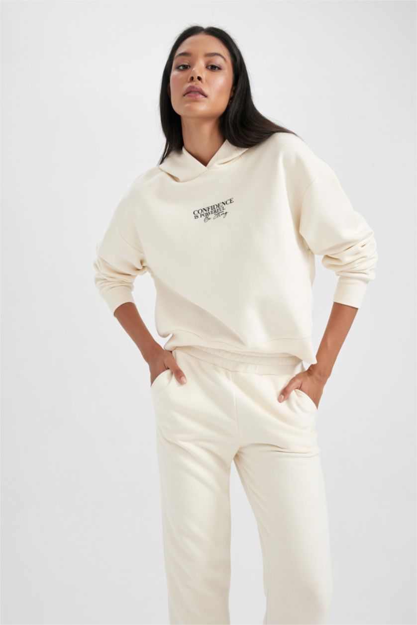 Kadın Kum Relax Fit Kapüşonlu Baskılı Kalın Sweatshirt
