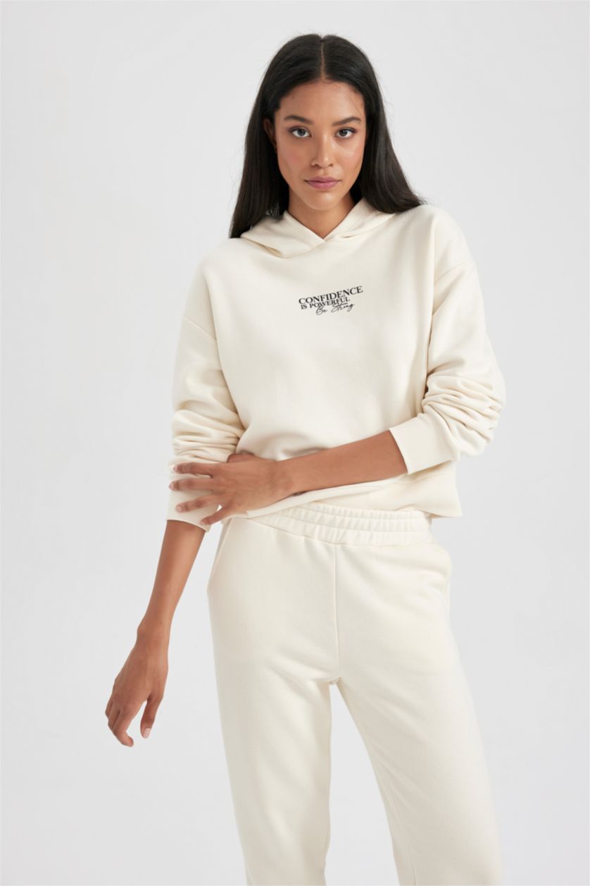 Kadın Kum Relax Fit Kapüşonlu Baskılı Kalın Sweatshirt