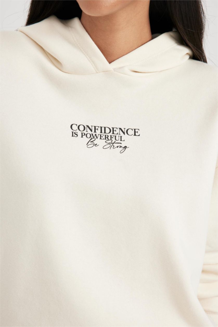 Kadın Kum Relax Fit Kapüşonlu Baskılı Kalın Sweatshirt