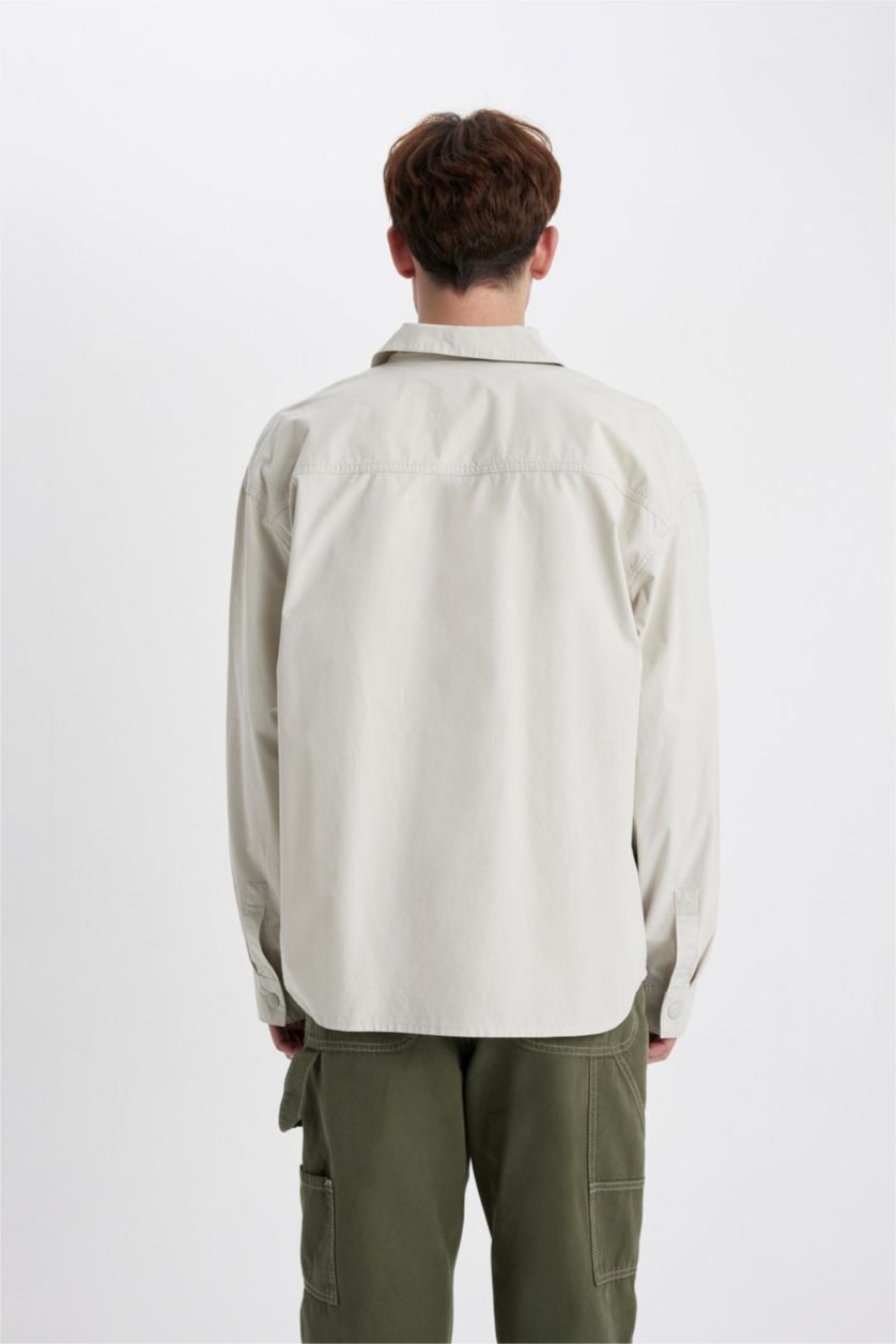 رجالي اللون الحجري جاكيت قطن قميص اوفر سايز بثلاثة جيوب