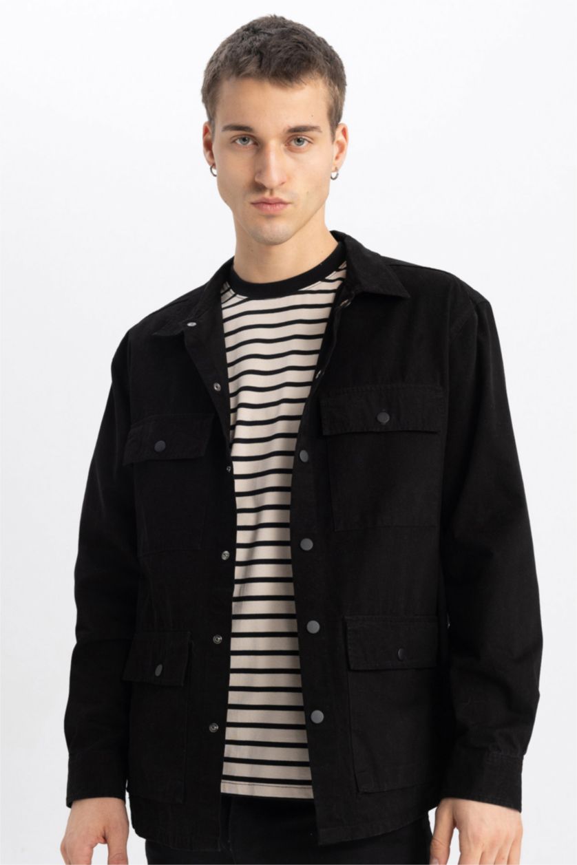 رجالي أسود جاكيت قطن قميص قصة مريحة بثلاثة جيوب