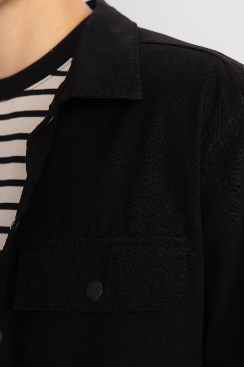 رجالي أسود جاكيت قطن قميص قصة مريحة بثلاثة جيوب