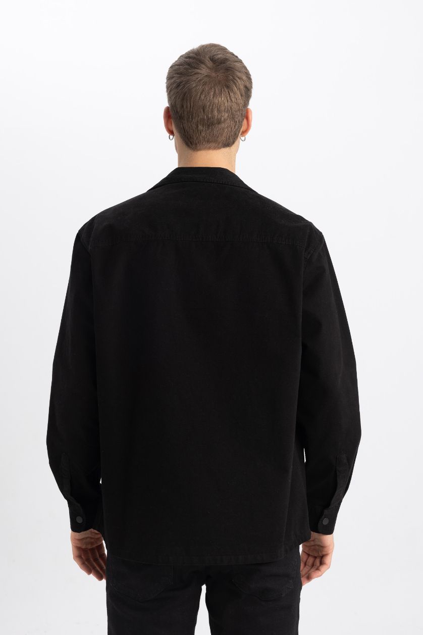 رجالي أسود جاكيت قطن قميص قصة مريحة بثلاثة جيوب