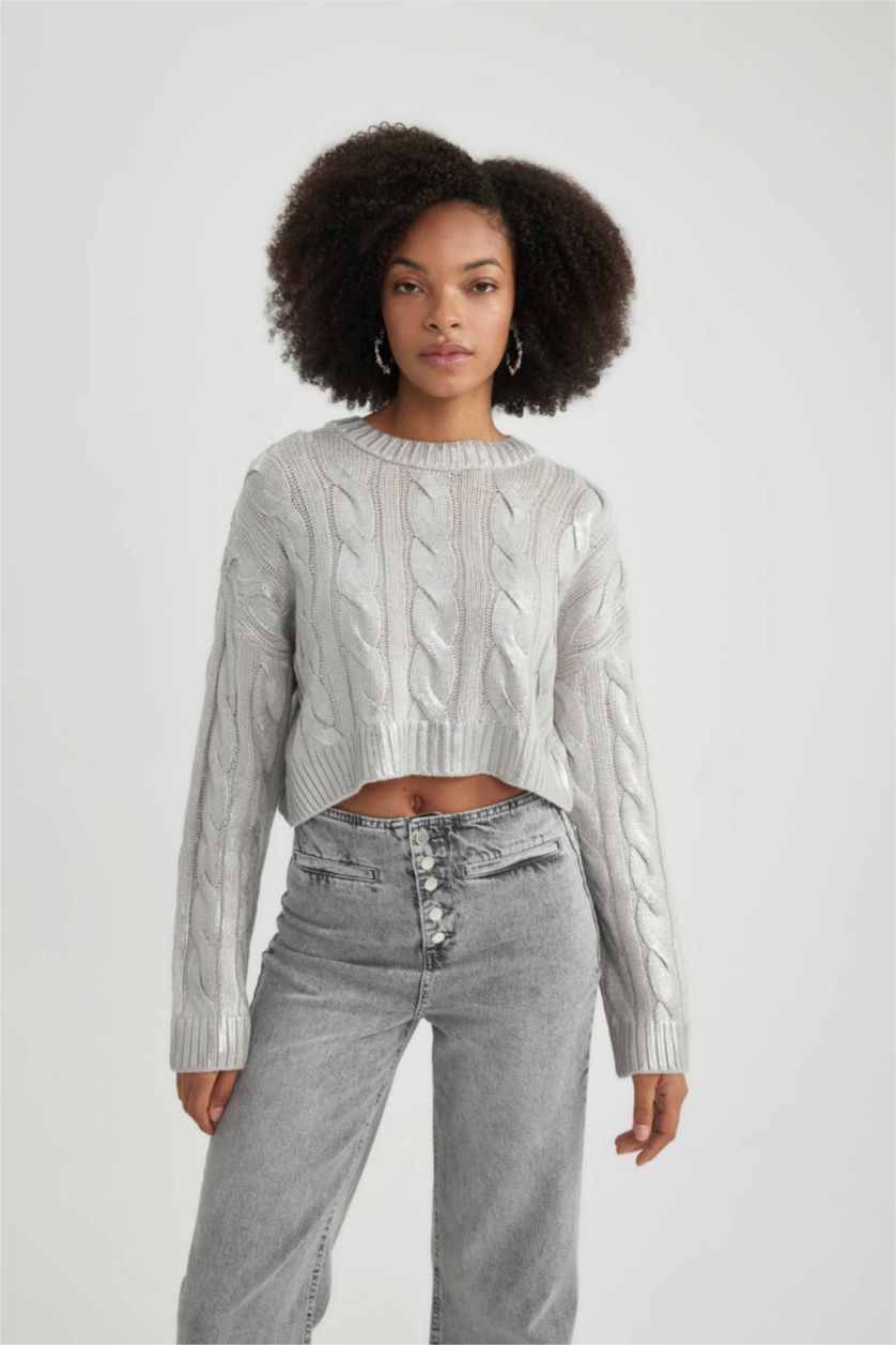 Әйелдерге Сұр Меланж үлкен пішім дөңгелек жаға Пулловер