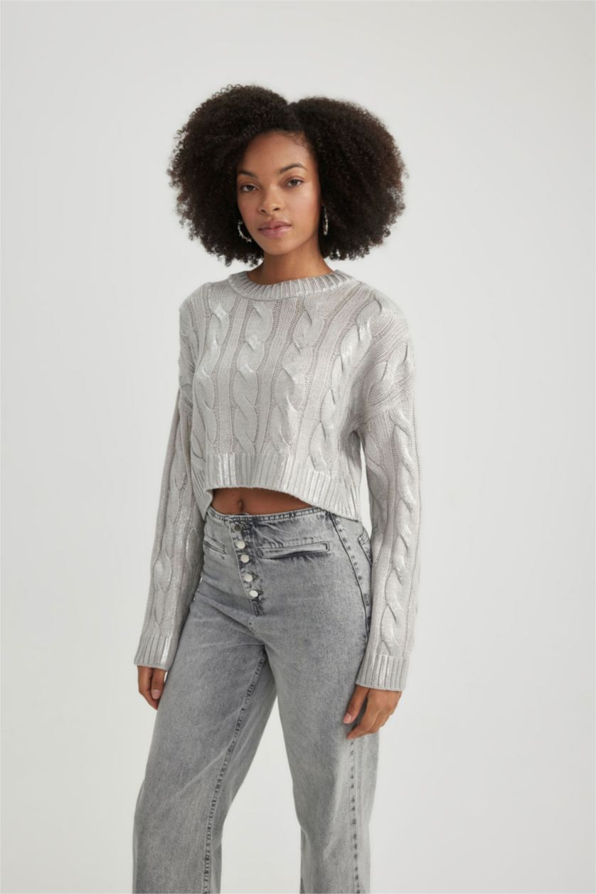 Әйелдерге Сұр Меланж үлкен пішім дөңгелек жаға Пулловер