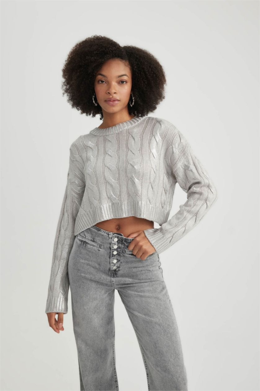 Әйелдерге Сұр Меланж үлкен пішім дөңгелек жаға Пулловер